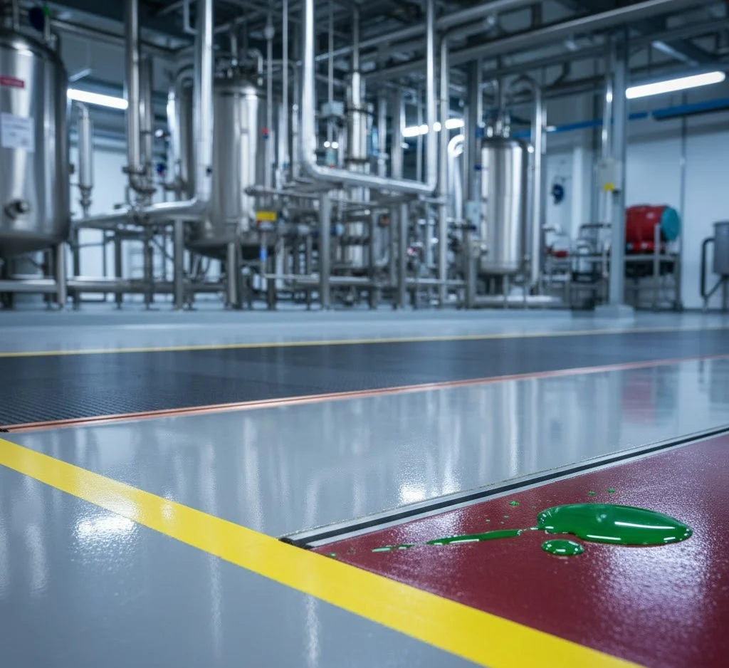Farbig abgesetzte chemikalienbeständige Schutzfläche mit Ablaufrinne